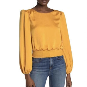 Astr The Label Gold Satin smocked long sleeve top size X small